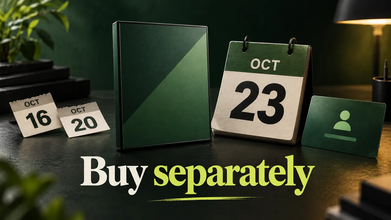 A game case beside an October 23 calendar card, with separate October 16 and October 20 access markers.