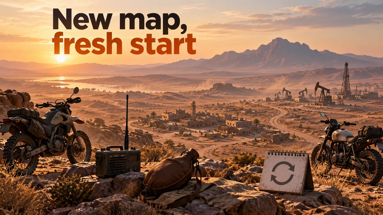 A desert settlement sits beneath a mountain ridge and oil derricks; two motorbikes, a radio, a waterskin and a reset-arrow sign fill the foreground under New map, fresh start.