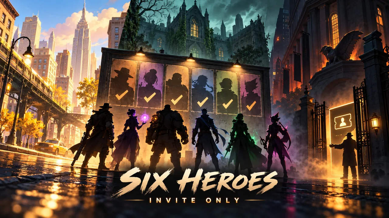 An alternate-fantasy city map transitions from a bright downtown block to a haunted university and shadowed exchange, with six hero silhouettes along a vote board.