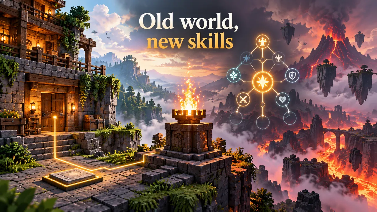 A flame altar separates a voxel-built home from a volcanic valley; an open skill tree floats above, and a glowing line connects a foreground pressure plate to the home’s door.