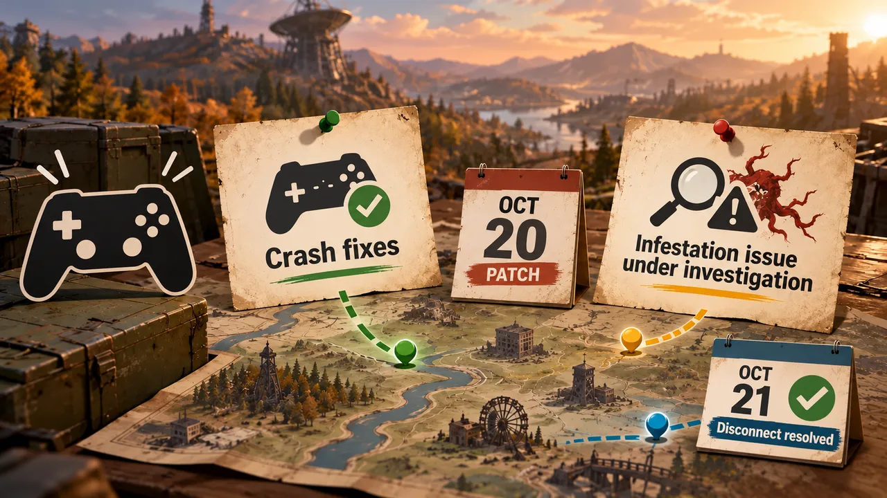 A conceptual wasteland map with an abstract gamepad symbol and separate markers for the October 20 patch, the Infestation investigation and an October 21 disconnection resolution.