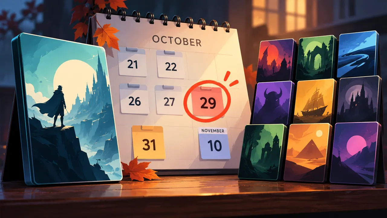 A calendar with October 21, October 29, October 31, and November 10 marked beside incoming and leaving game cards.