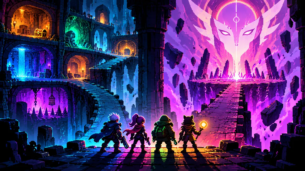 A pixel-art-style descent toward the Theia boss, with four distinct agent silhouettes choosing between a branching dungeon route and a faster breach arena.