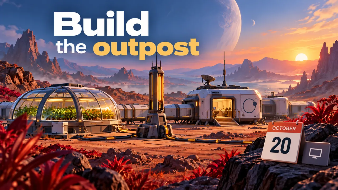 An illustrated research outpost on an alien planet, with power links, a greenhouse, an abstract orbital-ring science motif and an October 20 date card beside a monitor icon.
