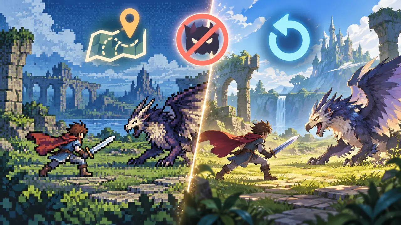 A split illustration contrasts pixel-style and remastered fantasy battles, with a map pin, a crossed-out encounter icon and a blue retry arrow.