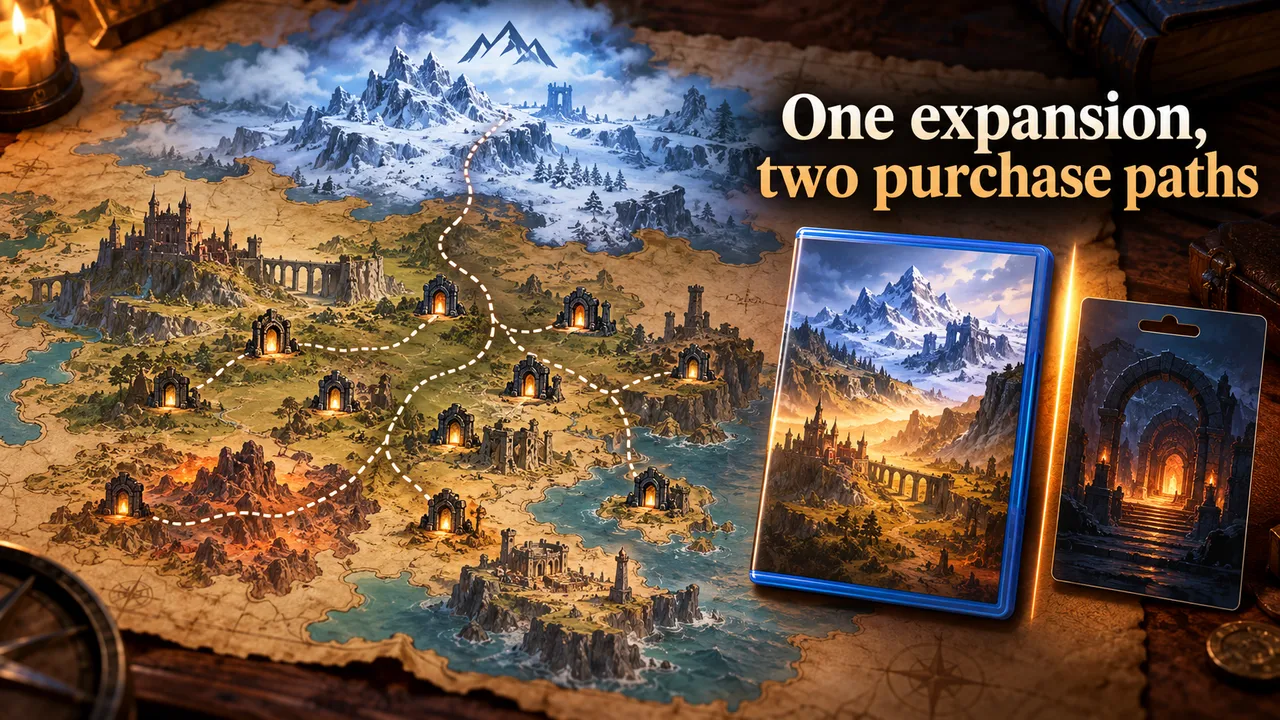 A parchment-style map shows a snowy northern region, a dotted route, dungeon markers and two generic content cards beside the headline.
