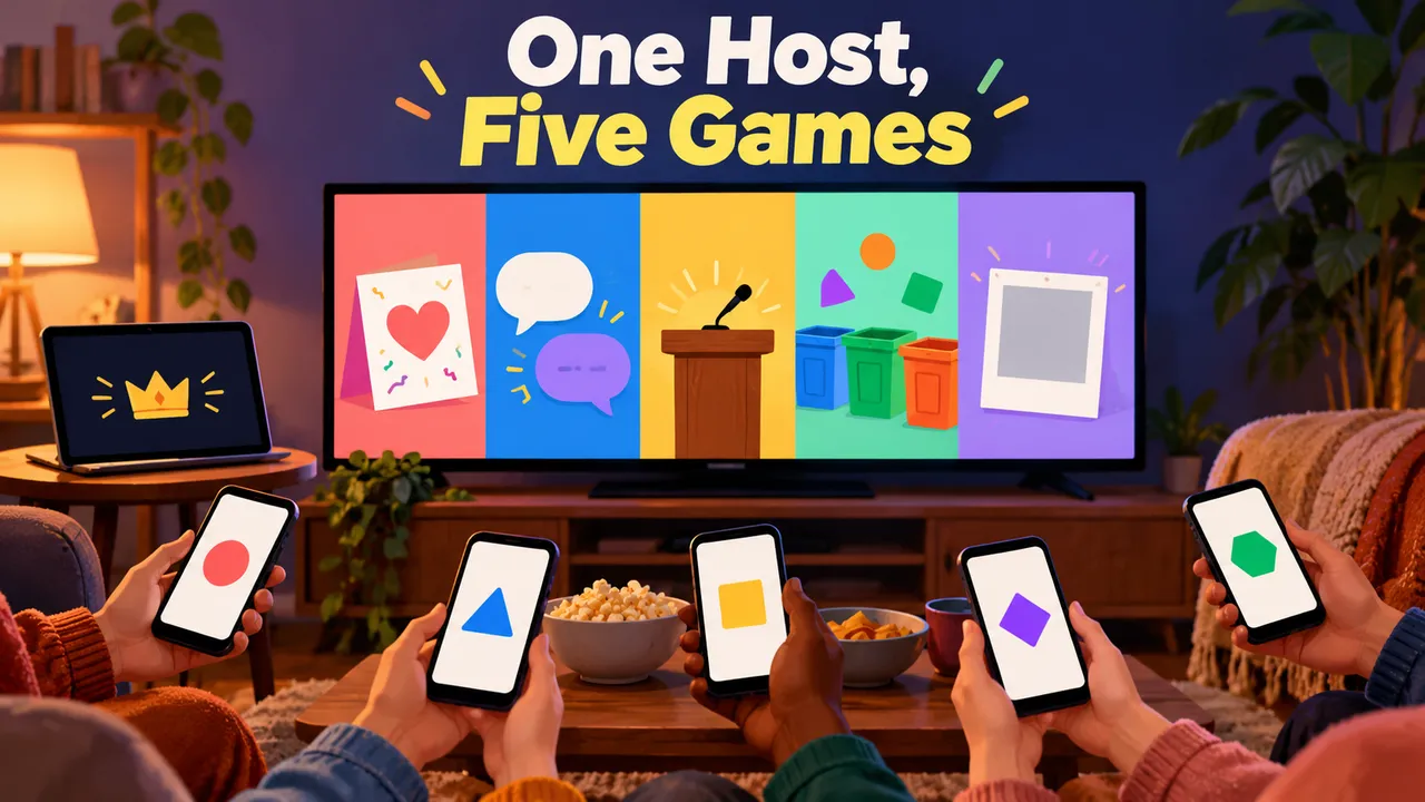 A shared television shows five abstract party-game cards while friends use separate phones to join a room.