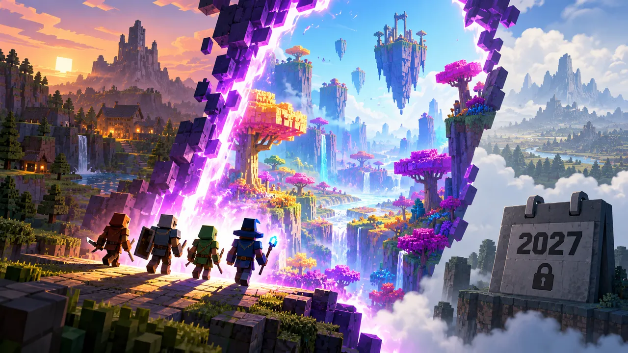 A portal from the Overworld opens into the colorful Sift dimension, with one path marked for Dungeons II and a separate unopened path toward Minecraft in 2027.