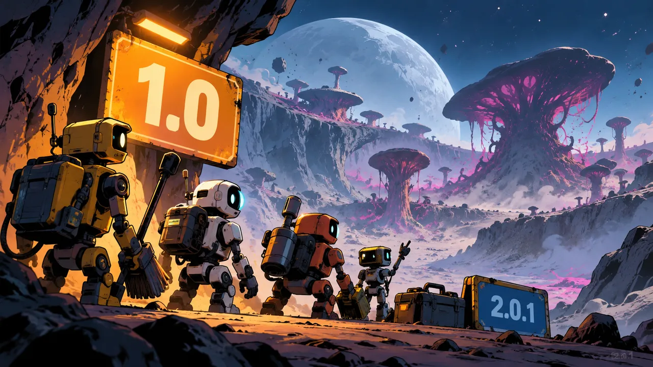 Four generic robots look across a fungal moon landscape beside separate 1.0 and 2.0.1 version cards.