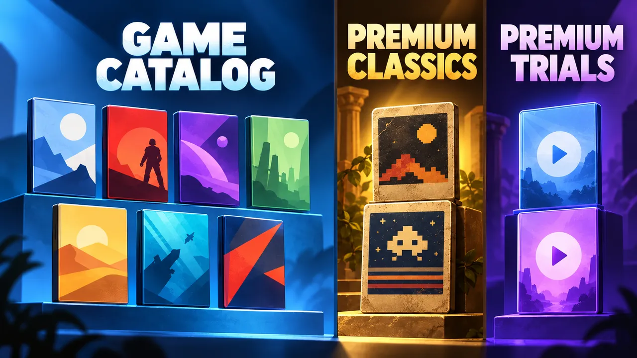 Three labeled columns: seven generic Game Catalog cards, two Premium Classics cards and two Premium Trials cards.