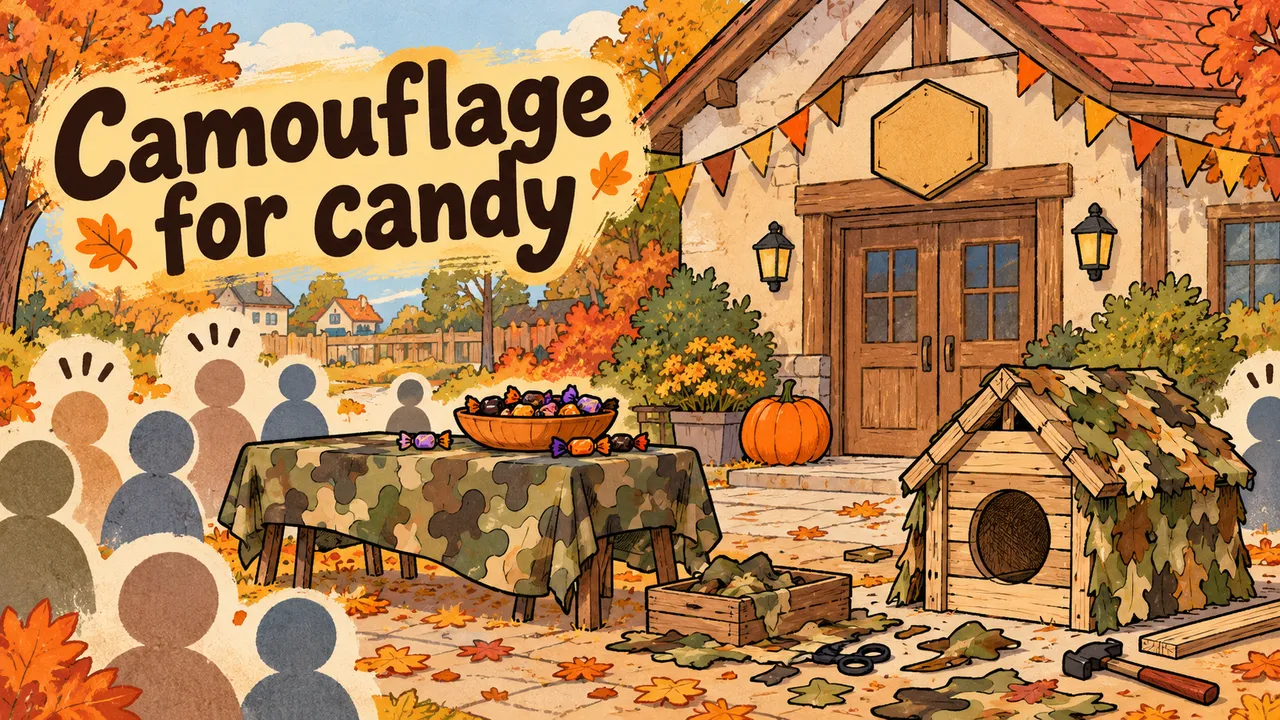 A drawn autumn community building with a plain hexagon sign stands beside an ordinary pumpkin, a camouflage-covered table, candy and a habitat under construction. Camouflage for candy appears at upper left, with neutral visitor symbols below it.