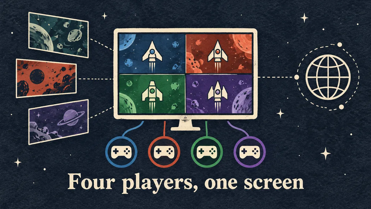 A drawn generic screen has four spacecraft quadrants connected to four controller symbols, three abstract arena cards and a distant globe beneath Four players, one screen; no character pilots appear.