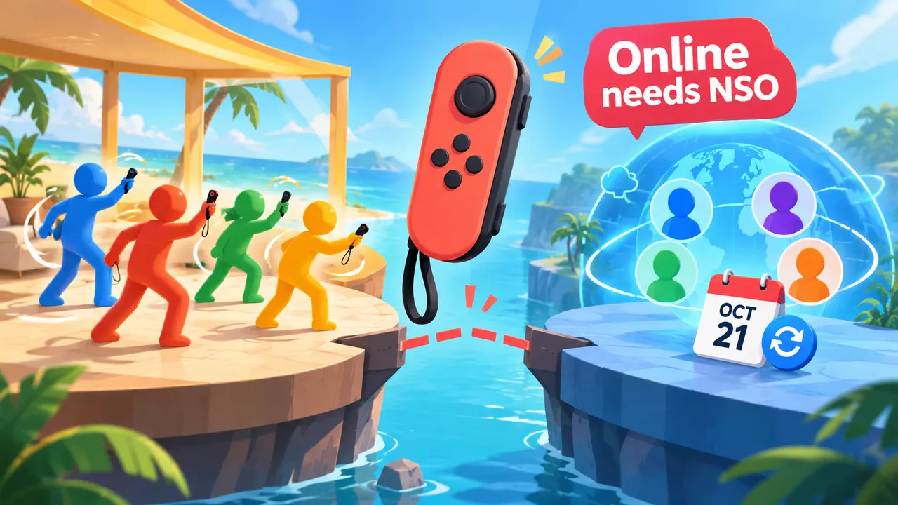 Four stylized players on a resort platform, a red motion controller, and networked avatars on a separate platform beside an October 21 update marker.