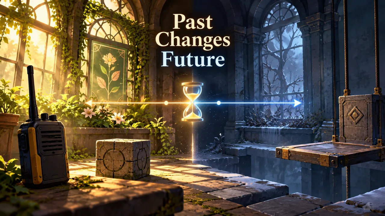 Two puzzle-room states are joined by a glowing timeline and hourglass: a green room with a radio in the foreground, and a darker room with a suspended platform.
